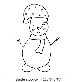 Snowman on a white background in the style of a doodle. Cute winter holiday icon. Black and white illustration