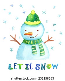 Snowman on a white background. Vector watercolor illustration. Perfect for Christmas greeting card.