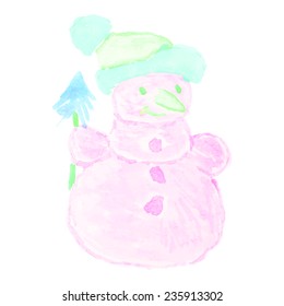 Snowman on a white background. Vector watercolor illustration. Perfect for Christmas greeting card. 