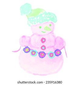 Snowman on a white background. Vector watercolor illustration. Perfect for Christmas greeting card. 