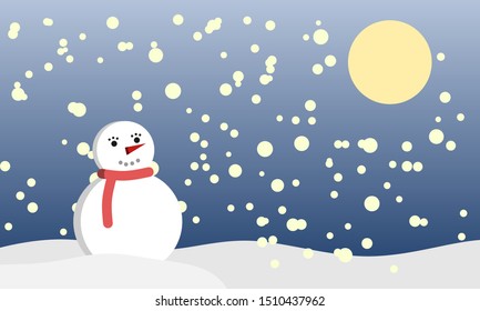 snowman on the white land with cold snowfall on the gradient blue sky with moon being christmas, happy new year, holiday, and vacation concept