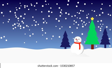 snowman on the white land with cold snowfall on the gradient blue sky with christmas star on pine treee being happy new year, holiday, and vacation concept