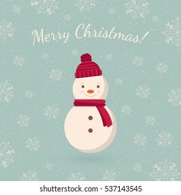 Snowman on winter backdrop. Holiday card template. Retro style for Christmas and New Year design.