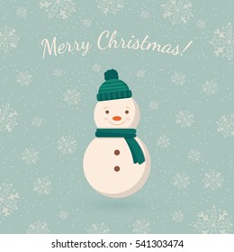 Snowman on winter backdrop. Holiday card template. Retro style for Christmas and New Year design.