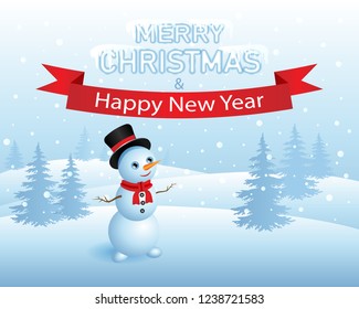 snowman on winter background with ice text"Merry Christmas" and text  "Happy New Year" on scarlet ribbon