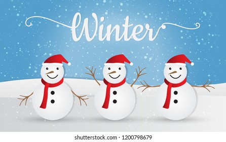 Snowman on winter background, Merry Christmas. Vector illustration