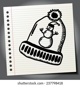 Snowman on the winter hat. Hand drawn vector illustration