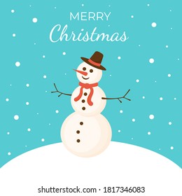 Snowman on winter landscape backdrop. Happy new year and merry christmas greeting card. Cartoon flat style. Vector illustration.