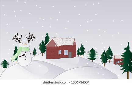 Snowman on a winter landscape. Cute snowman on a winter landscape background. Vector illustration