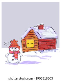 Hombre de nieve en la estación invernal de ilustración vectorial. Graguando vector dibujado.