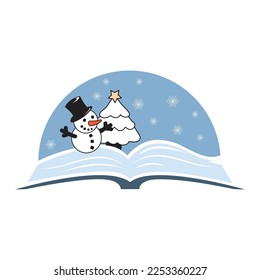 snowman and open book, winter vector artwork