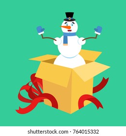 Snowman from open gift box. Surprise. Christmas and New Year Vector Illustration