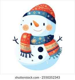 A snowman in an orange hat and a blue scarf decorated with snowflakes. Isolated on a white background.