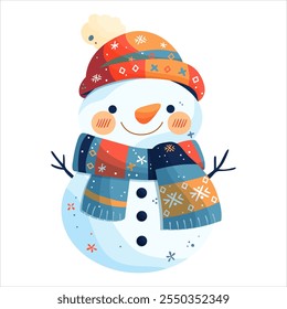 A snowman in an orange hat and a blue scarf decorated with snowflakes. Isolated on a white background