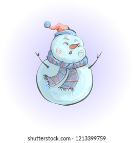 Snowman in orange hat and scarf singing a song. Snowman congratulates happy new year and merry Christmas.