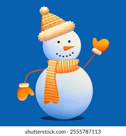 a snowman with an orange scarf and an orange hat for decoration and print