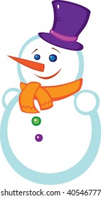 Snowman with a orange scarf and violet hat