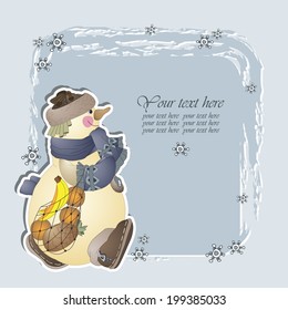 Snowman with oranges, bananas and pineapple in the bag