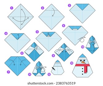 Snowman origami scheme tutorial moving model. Origami for kids. Step by step how to make a cute origami snowman. Vector illustration.