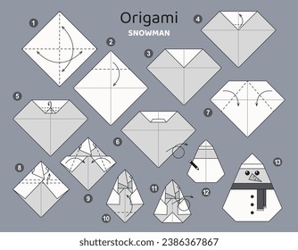 Snowman origami scheme tutorial moving model. Origami for kids. Step by step how to make a cute origami snowman. Vector illustration.