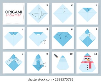 Snowman origami scheme tutorial moving model. Origami for kids. Step by step how to make a cute origami snowman. Vector illustration.