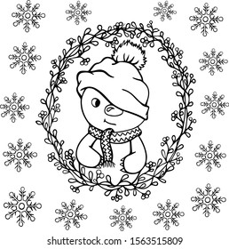 snowman outline illustration coloring book winter new year snowflakes monochrome doodle sketch postcard