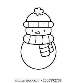 Snowman Outline Vector Illustration. The snowman has a round body and head, wearing a warm winter hat with a fluffy pom-pom on top and a striped scarf wrapped around its neck.
