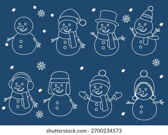 Vetor de contorno de boneco de neve definido em estilo de desenho animado plano. Clipart de elemento de Natal. Personagem de inverno. Boneco de neve em estilo de linha.