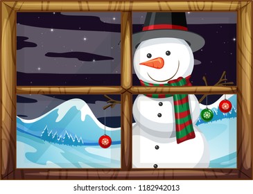 Un muñeco de nieve fuera de la ilustración de la ventana