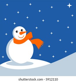 Snowman over blue starry sky background