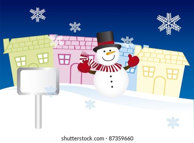 snowman over snow in the city background. vector