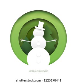 Snowman in paper cut trendy craft cartoon style. Christmas, new year modern design for advertising, branding background greeting card, cover, poster, banner. Vector illustration.