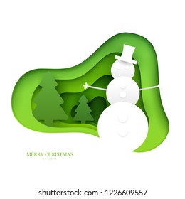 Snowman in paper cut trendy craft cartoon style. Christmas, new year modern design for advertising, branding background greeting card, cover, poster, banner. Vector illustration.