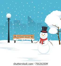 Snowman, park bench and trees covered by snow. Winter landscape in city park. Christmas background. Vector illustration in flat style.