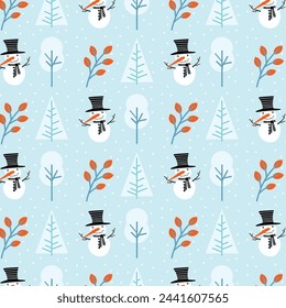 Snowman pattern. Cozy winter. Adorable seamless pattern set for background, wrapping paper, fabric, surface design. Modern repeatable motif colourful . stock vector illustration.