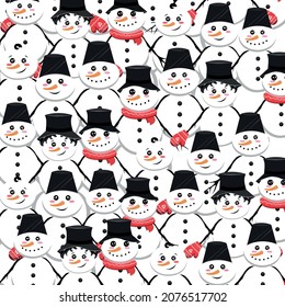 Snowman pattern. Funny snowmen. Set is Christmas. New year 2022. Holiday. Religion. Tradition. Celebration. Flat style. Stock Vector illustration. Funny cover. Santa Claus. Card. Decoration. Winter.