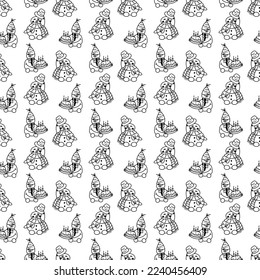 Snowman pattern3. Cute seamless pattern with two snowmen. Cartoon white and black vector illustration.