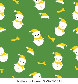 Snowman patternon a green background for designyellow hat and scarf,vector illustration