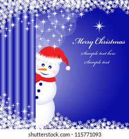 Snowman peeping behind a curtain, snowflakes and stars on a deep blue xmas background. Copy space for text. Raster version also available.