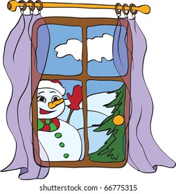 snowman peeps into the house from the window