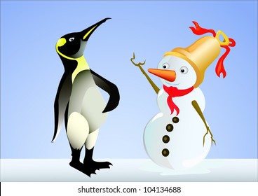 snowman and penguin in blue background