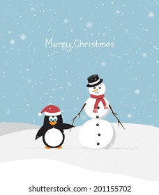 Snowman with penguin. A cartoon characters on the snow. Merry Christmas card.
