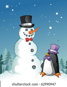Snowman Penguin Cartoon Characters wearing Top Hats