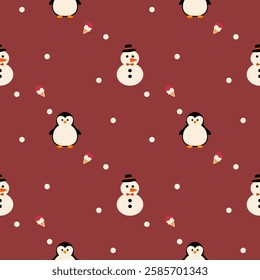 Snowman and penguin cartoon so cute. On ice cream snow red background. Pattern seamless vector illustration. 