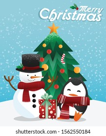 Snowman and penguin with the Christmas tree