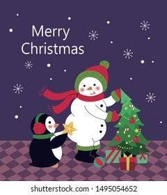 Snowman and penguin are decorating the Christmas tree