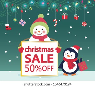 The snowman and the penguin hold a special price.CHRISTMAS SALE 50% OFF. Christmas vector illustration design. Christmas discount poster. Christmas web advertising.