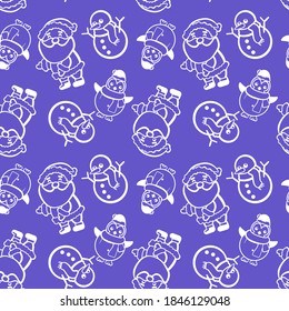 Snowman and penguin on violet backdrop. Christmas seamless pattern for wallpaper, wrap paper, sleeper, bath tile, apparel or bed linen. Phone case or cloth print. Flat style stock vector illustration