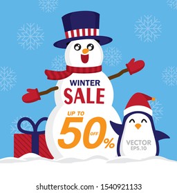 Snowman and penguin present winter promotion. Graphic vector for winter promotion advertising.