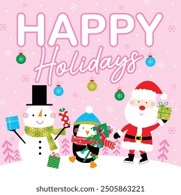 snowman, penguin and santa claus christmas greeting card